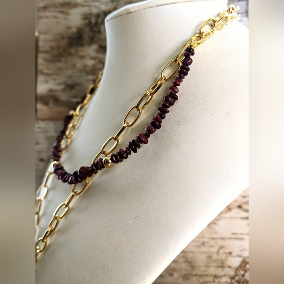 Natural Ruby Chips In 2-Strand Paperclip Necklace W/ Genuine Ruby Pendant - Picture 4 of 12